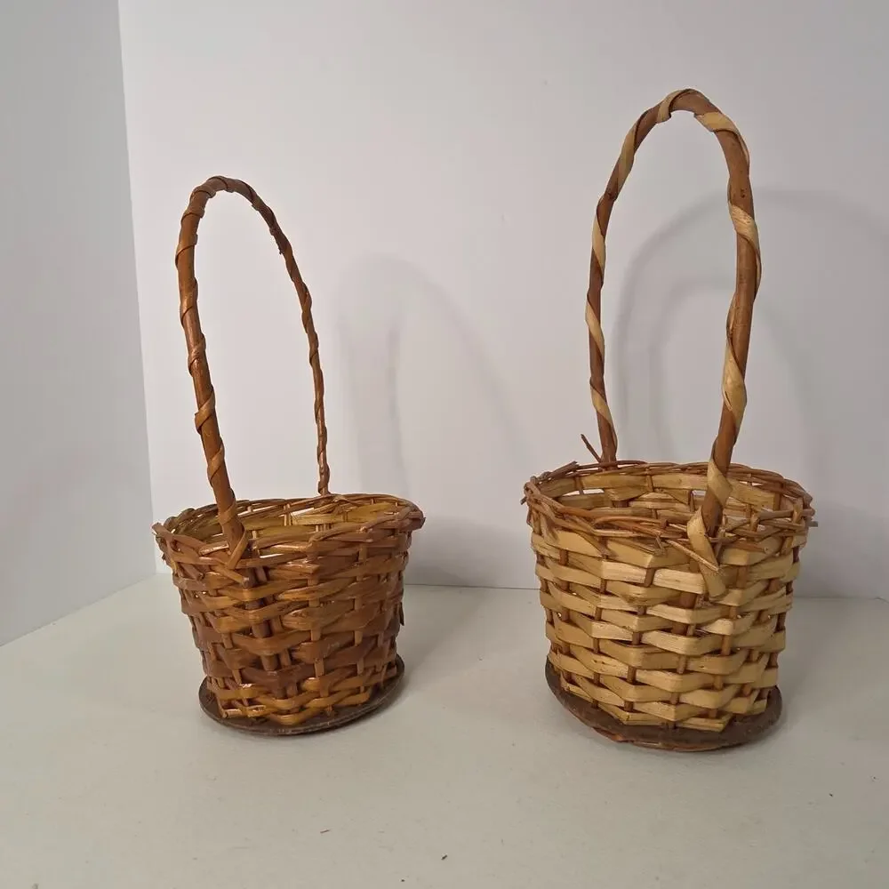Pair of Vintage Rustic Wicker Baskets High Fixed Handles Country Decor